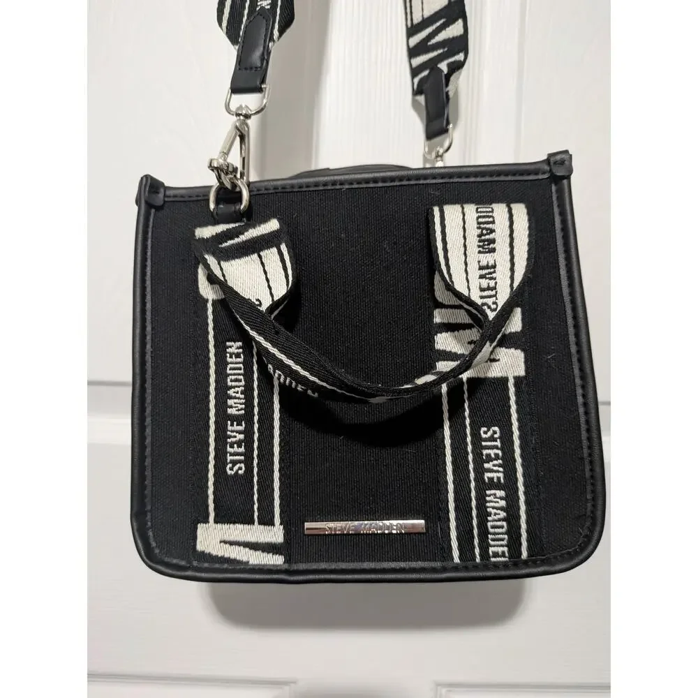 Steve Madden Bwebber Black Canvas Crossbody Satchel Bag Logo Strap Coin Pouch